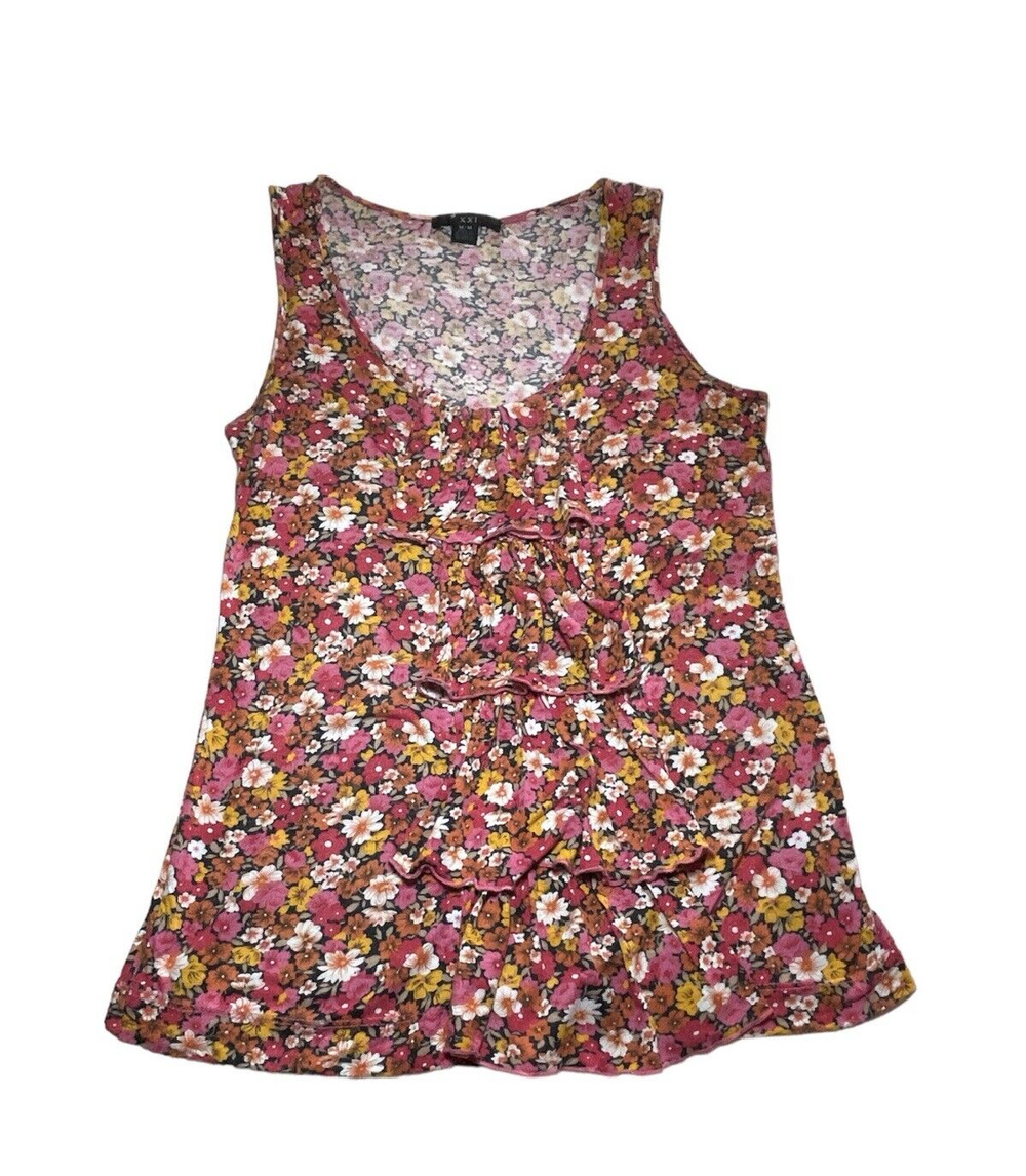Cute XXI FOREVER Floral Tank Top Size Medium M Womens Juniors Ruffles